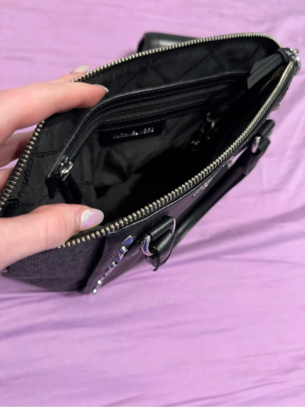 Michael Kors Black Studded Leather Satchel with Silver Hardware